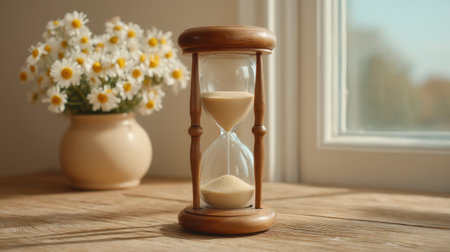 A beautifully crafted wooden hourglass symbolizes the essence of time, resting on a sunny table beside a window with delicate daisies, creating a serene atmosphere.の素材