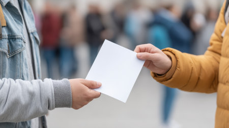 A person hands a blank leaflet to another individual in a bustling urban area, symbolizing community outreach and involvement in information sharing and engagement.の素材