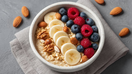 Enjoy a bowl of healthy breakfast featuring oatmeal topped with fresh fruits and nuts, perfect for a nutritious start to your day. A delightful and vibrant meal.の素材
