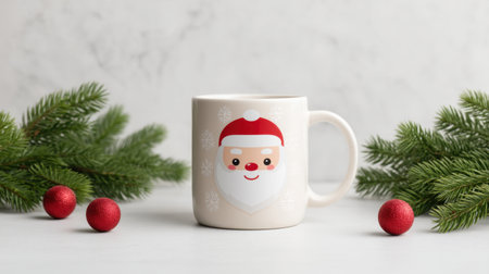 This delightful Santa mug, surrounded by lush pine branches and vibrant ornaments, captures the essence of the holiday season, adding joy to any festive setting.の素材