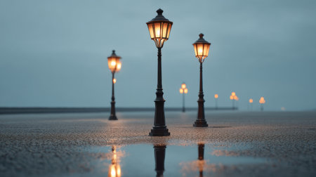 Discover a tranquil urban scene featuring illuminated street lamps casting warm light on the wet pavement, creating beautiful reflections during dusk, evoking serenity.の素材