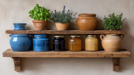 Discover an inviting kitchen scene featuring colorful preserves and fresh herbs arranged on rustic wooden shelves, ideal for enhancing your culinary and home decor.の素材