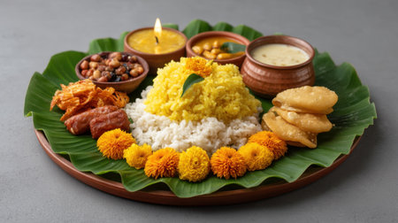 A beautifully arranged South Indian thali featuring flavorful rice, assorted sweets, crunchy snacks, and marigold flowers, perfect for festive celebrations and gatherings.の素材