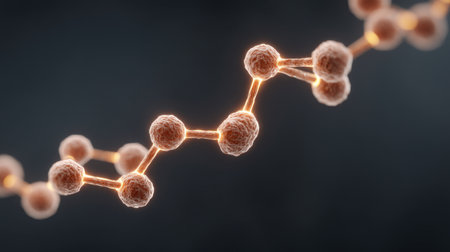 This illustration depicts the detailed structure of growth hormone visualized as glowing molecules, emphasizing scientific concepts in biology and chemistry.の素材