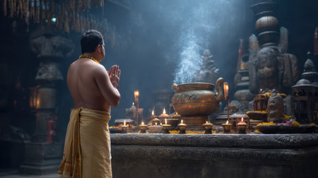 A serene scene of a man in traditional attire praying before an ancient shrine, filled with incense and flickering candles, evoking a deep sense of spirituality and peace.の素材