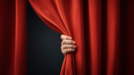 A close-up image featuring a hand pulling back a vibrant red curtain, revealing a dark stage. This captures the essence of anticipation and theatrical excitement.の素材
