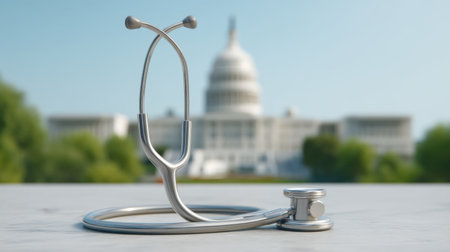 A stethoscope placed on an office table with the Capitol building in the background, illustrating the crucial link between healthcare and political decision-making.の素材