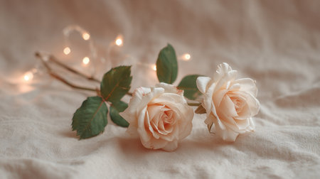 This enchanting image captures delicate roses accompanied by soft fairy lights, creating a romantic and inviting atmosphere ideal for various design projects.の素材