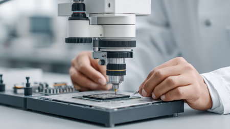 A high-tech workstation designed for microchip testing showcases advanced equipment and precise techniques essential for innovation in electronics and research.の素材