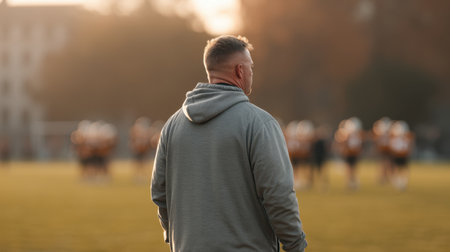 A coach stands on a warm field at dusk, observing his team as they engage in drills, demonstrating focus and teamwork during practice sessions.の素材