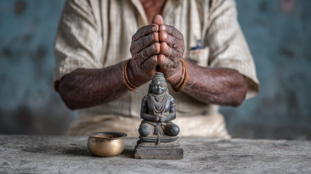 A devoted worshipper performs morning puja with folded hands before a small statue and offering bowl, creating a serene atmosphere for spiritual reflection.の素材