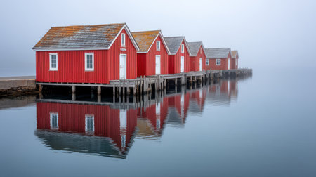 A tranquil scene depicting a Nordic coastal town shrouded in mist, showcasing small red fishing huts reflecting in the calm water at dawn, evoking a serene atmosphere.の素材
