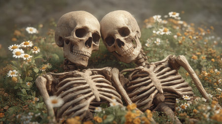 This enchanting image depicts a skeleton couple cuddling in a serene forest setting, surrounded by vibrant flowers and the beauty of nature, capturing a unique bond.の素材