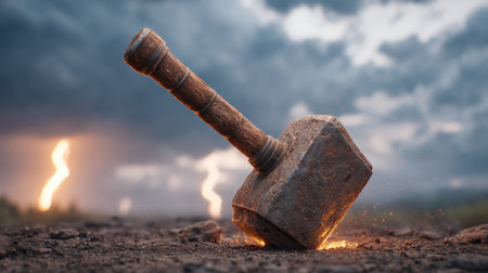 A glowing hammer crashes dramatically into the ground beneath a thunderous sky filled with dark clouds and striking lightning, creating a mesmerizing scene.の素材