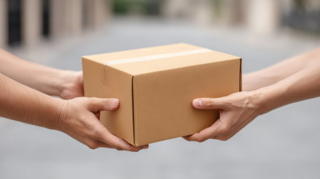 Two hands exchanging a brown parcel box outdoors in daylight illustrate a reliable delivery process, emphasizing trust, communication, and teamwork in logistics.の素材