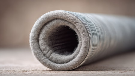 Detailed view of a silver duct tube with lint accumulation visible inside. Ideal for showcasing air quality and maintenance in home and building ventilation systems.の素材