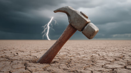 A solitary hammer stands embedded in cracked earth, brilliantly illuminated by a lightning storm. This striking image captures the raw power of nature against human tools in a desolate landscape.の素材