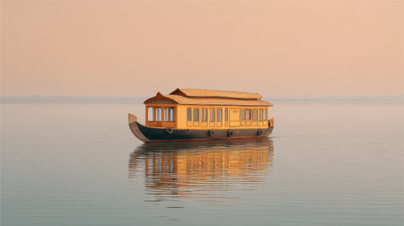 A tranquil scene depicting a beautiful houseboat sailing through the golden reflections on the calm waters of Alappuzha, perfect for depicting serene travel.の素材