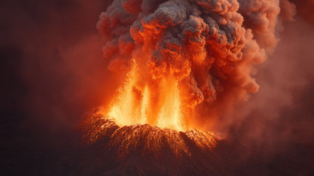 Experience the awe-inspiring beauty of a volcanic eruption with flowing molten lava, vivid orange light, and dramatic smoke billowing into the sky, showcasing nature's power.の素材