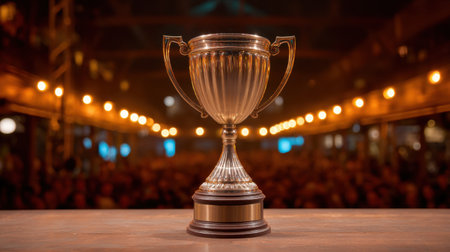 A stunning trophy glimmers on stage, captivating a vibrant crowd at an award ceremony, filled with warm lighting and a celebratory atmosphere showcasing triumph.の素材