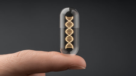 A transparent medical capsule held delicately between fingers, featuring a glowing DNA strand inside, representing advancements in genetics and innovative healthcare solutions.の素材