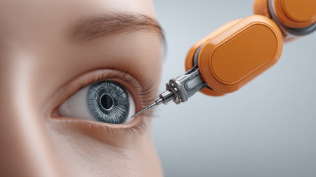 A high-tech robotic arm delicately performs an operation on a human eye, showcasing the intersection of precision engineering and innovative medical technology.の素材