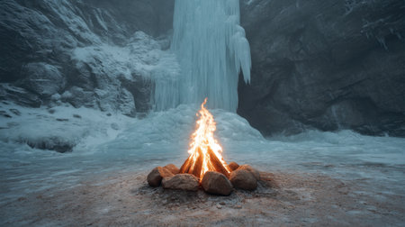 A vibrant campfire burns brightly in front of a stunning frozen waterfall, creating a beautiful contrast against the icy landscape. An enchanting winter scene awaits.の素材