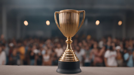 A stunning trophy glistens on stage, captured in a vibrant atmosphere filled with a cheering crowd. This image symbolizes achievement and celebration at a significant event.の素材
