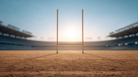 A stunning view of a soccer field under a bright sunset, featuring goalposts in the foreground and an empty stadium, epitomizing the essence of sport and excitement.の素材