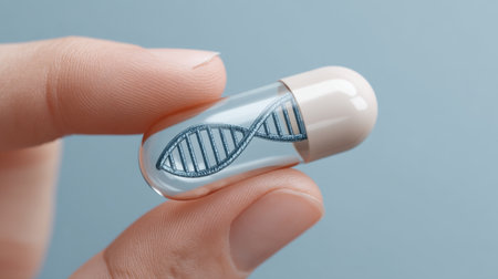A close-up view shows a human finger gently holding a transparent capsule containing a helix design, symbolizing advancements in genetics and modern medicine.の素材