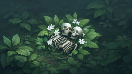A captivating forest scene featuring two intertwined skeletons lying among lush greenery and delicate white flowers, evoking a sense of mystery and whimsy.の素材