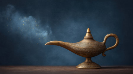 Discover a glowing enchanted lamp set against a dark backdrop. The blue mist swirls around, creating a magical atmosphere filled with wonder and mystery, perfect for fantasy themes.の素材