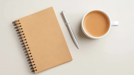 Discover a minimalist workspace featuring a brown notebook, silver pen, and warm coffee, perfect for inspiring new year resolutions and goal setting.の素材