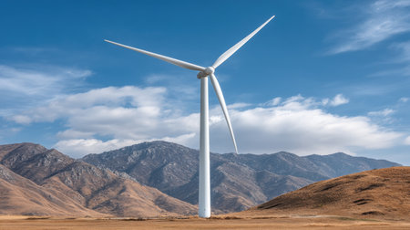A stunning wind turbine stands tall in a picturesque countryside valley, bordered by majestic mountains and framed by a bright blue sky, highlighting renewable energy's beauty.の素材