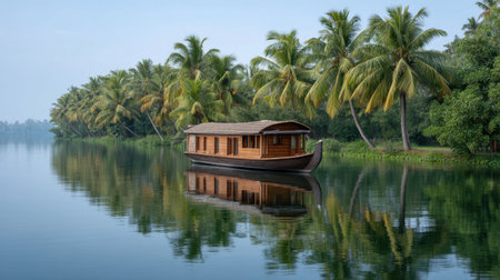 Experience the serenity of a traditional houseboat peacefully anchored in the still backwaters of Alappuzha, surrounded by lush palm trees and breathtaking nature.の素材