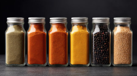 Discover a beautifully arranged collection of various powdered spices in glass jars, perfect for adding flavor and color to your culinary creations.の素材