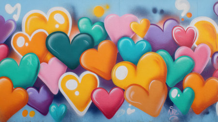 Discover this vibrant heart-shaped graffiti art on a wall, showcasing a playful blend of colors and abstract forms, perfect for urban aesthetics and modern design trends.の素材