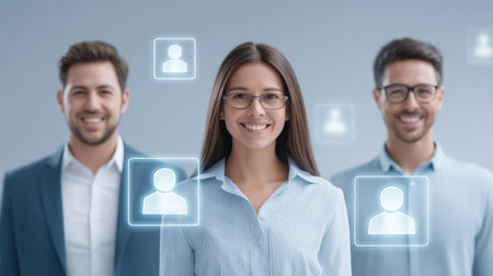 A modern professional team engaged in digital recruitment activities, focusing on data reviewing in a collaborative office environment. Perfect for HR concepts.の素材