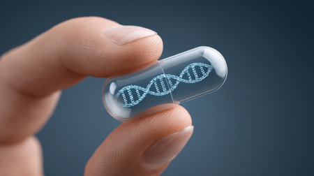 An image showcasing a hand gracefully grasping a transparent pill that encapsulates a holographic DNA design, representing the convergence of technology and healthcare.の素材