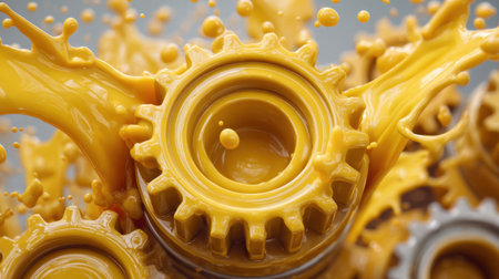 Experience the vibrant energy of yellow motor oil splashing around intricate gears in this high-resolution close-up, showcasing motion in a mechanical environment.の素材