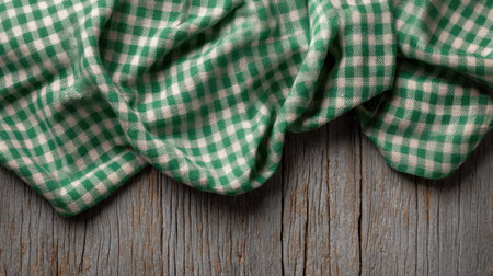 This image features a retro green gingham fabric draped over a rustic wooden surface, perfect for conveying a cozy home atmosphere in lifestyle photography.の素材