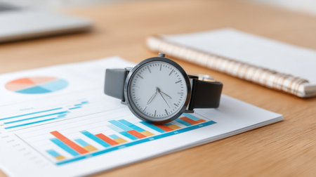 A stylish watch rests on business charts, showcasing project management concepts. The scene reflects a professional setting with a notepad and laptop, emphasizing organization and productivity.の素材
