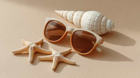 A serene beach scene featuring stylish sunglasses, seashells, and starfish, perfect for evoking summer vibes and vacation inspirations by the shore.の素材