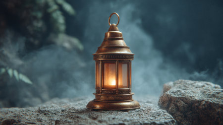 Enchanting lamp radiates a soft glow in dim surroundings, surrounded by fog and stones. Perfect for evoking a mysterious, captivating atmosphere in fantasy-themed projects.の素材