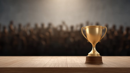 A stunning golden trophy on a wooden table, exuding achievement and success. The audience silhouette in the background enhances the celebratory ambiance. Perfect for award-themed visuals.の素材