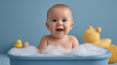 A joyful baby enjoys bath time in a blue tub filled with bubbles and colorful toys, radiating happiness and innocence in a cheerful indoor setting.の素材