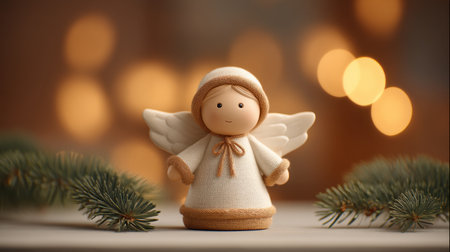 A delightful angel ornament rests peacefully on a fir tree, illuminated by soft glowing lights, capturing the essence of holiday magic and tranquility.の素材