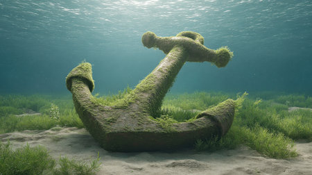 This captivating image captures a sunlit anchor covered in vibrant green algae resting on the ocean floor, surrounded by flourishing underwater vegetation, showcasing nature's beauty.の素材
