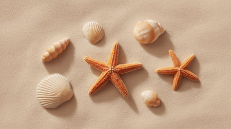 This captivating composition features starfish and seashells arranged on soft sand, showcasing natural beauty and warm hues, perfect for coastal-themed projects or relaxation imagery.の素材