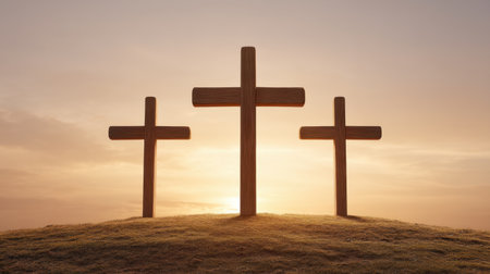 Experience a serene moment with three wooden crosses on a hill during golden hour, symbolizing faith and reflection on Good Friday in the season of Lent.の素材